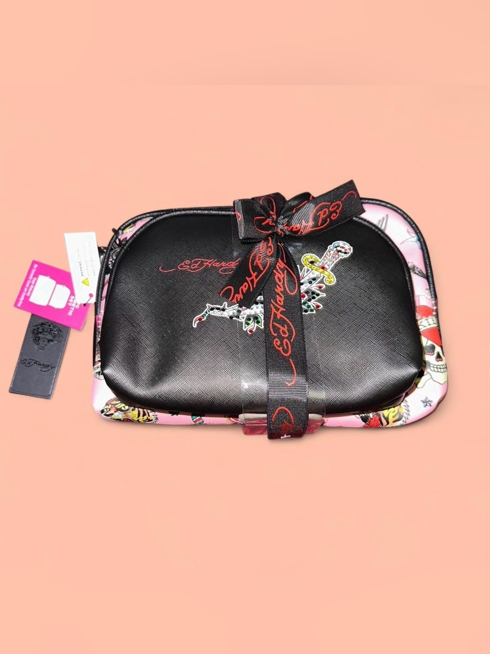 Ed Hardy Black and Pink Cosmetic Bag Set